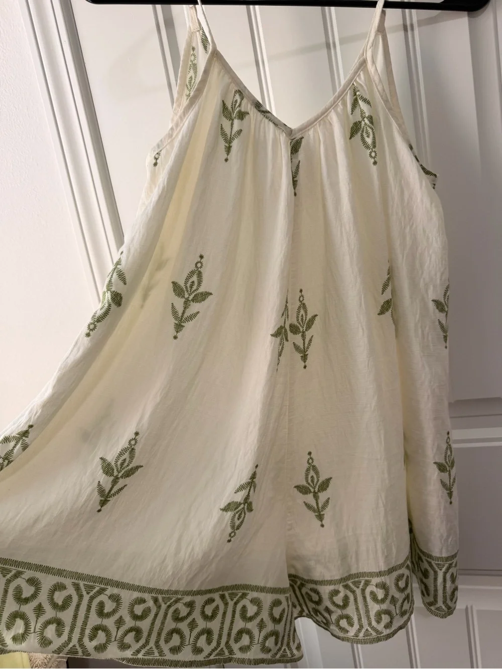 Cream Slip Romper with faux Green Embroidery